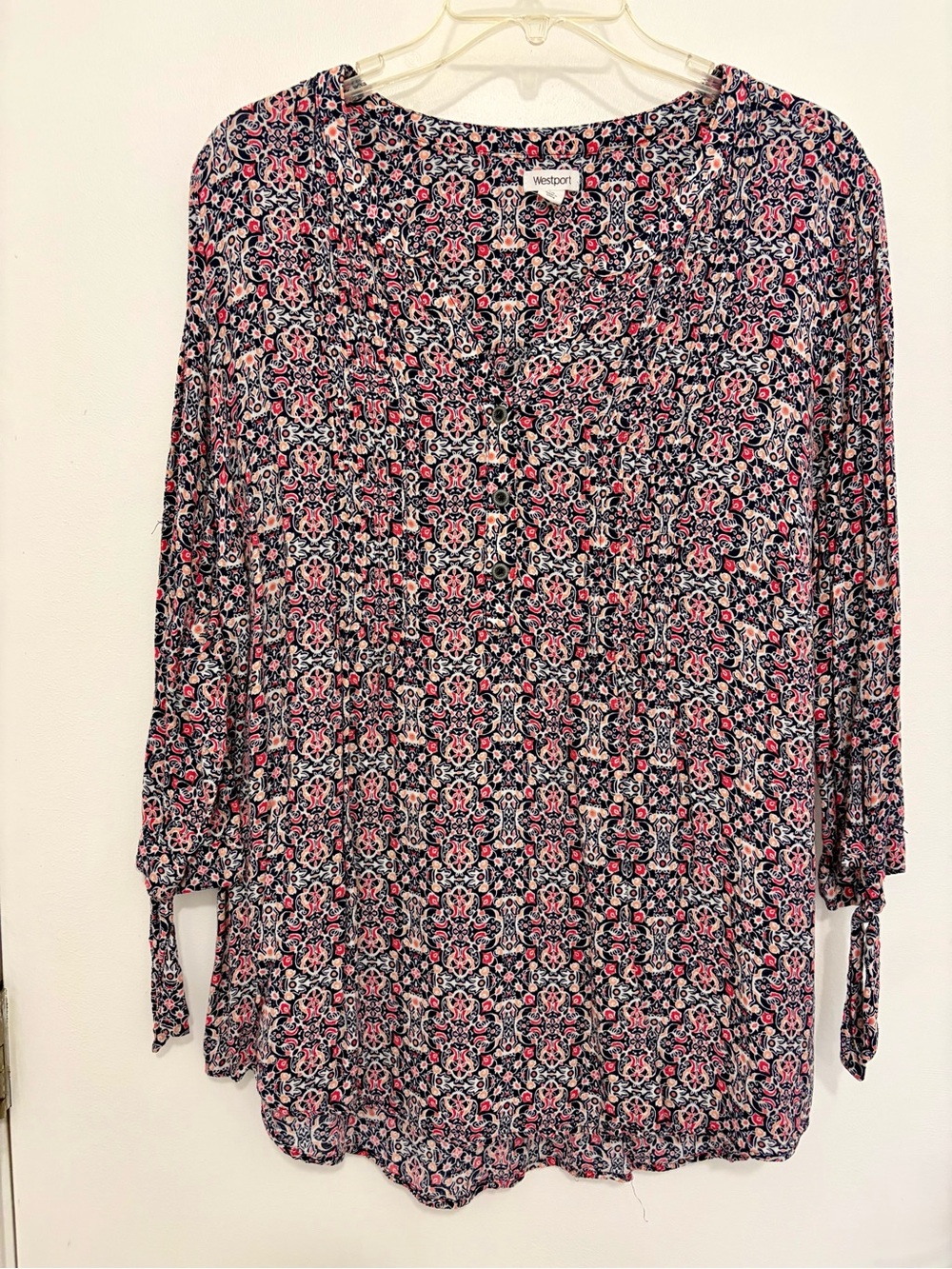 Westport Navy Pink Floral-Print Tie-Sleeve Blouse